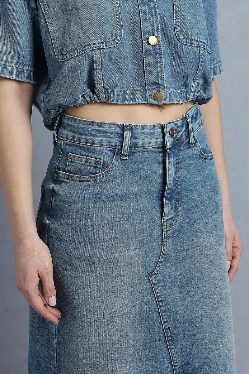 inkd Sky Why Women's Denim Skirt - Midi Skirt with Front Slit | Long Straight Fit Skirt for Women | Skirt for Woman for Women | Best Price UAE